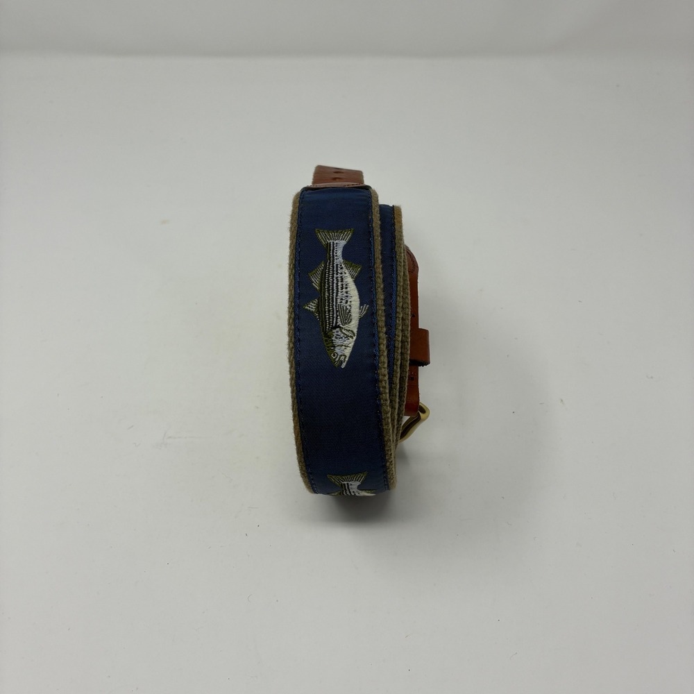 Leather Man Ltd Essex‎ CT Striped Bass Fish Belt Navy Canvas Leather 48 Inch XL